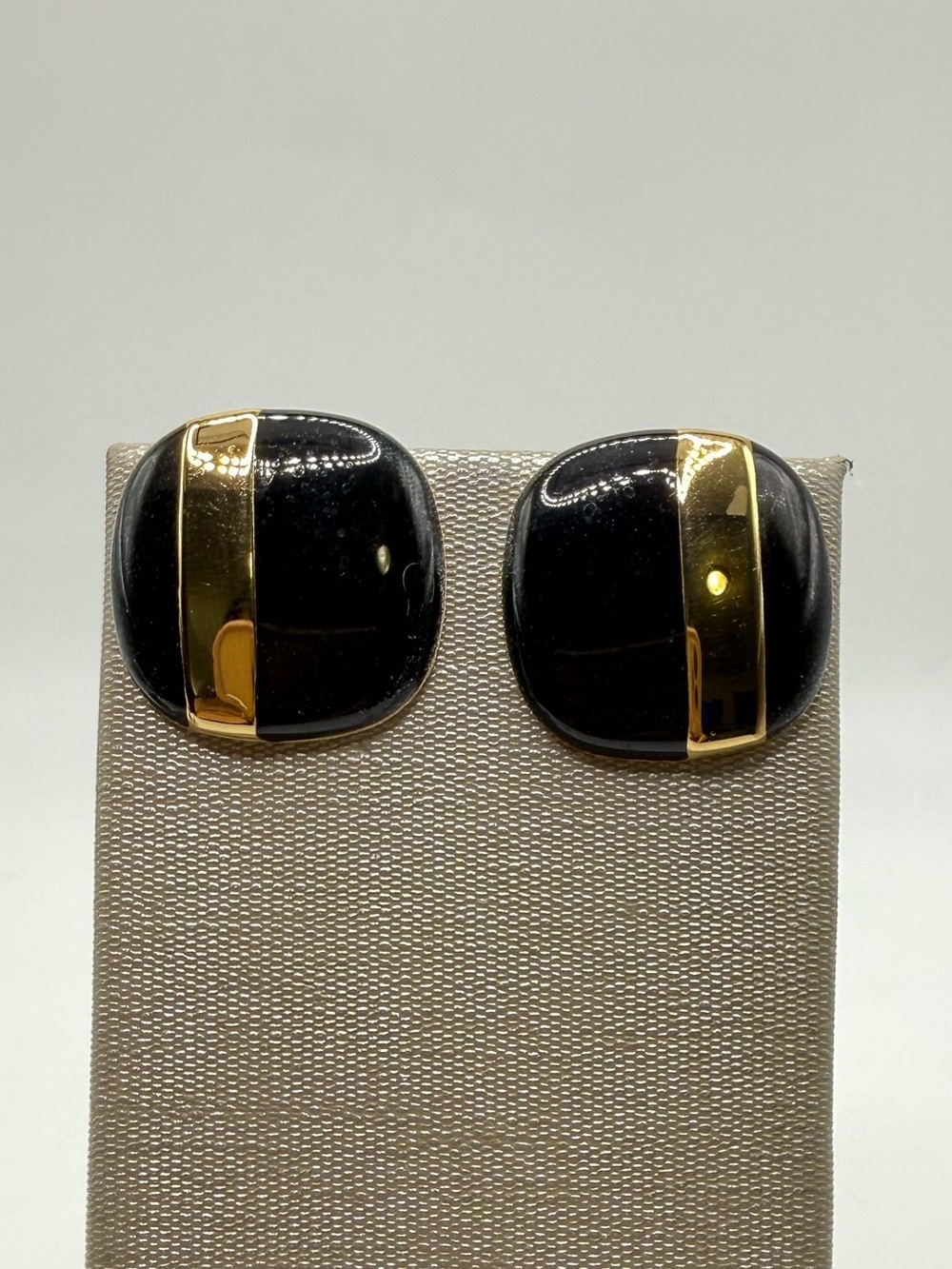 Monet Black Enamel & Gold Tone Square Pierced Earrings Vintage